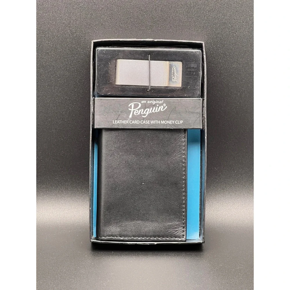 Original Penguin Mens Black Leather Card Case and Silver Money Clip Gift Set